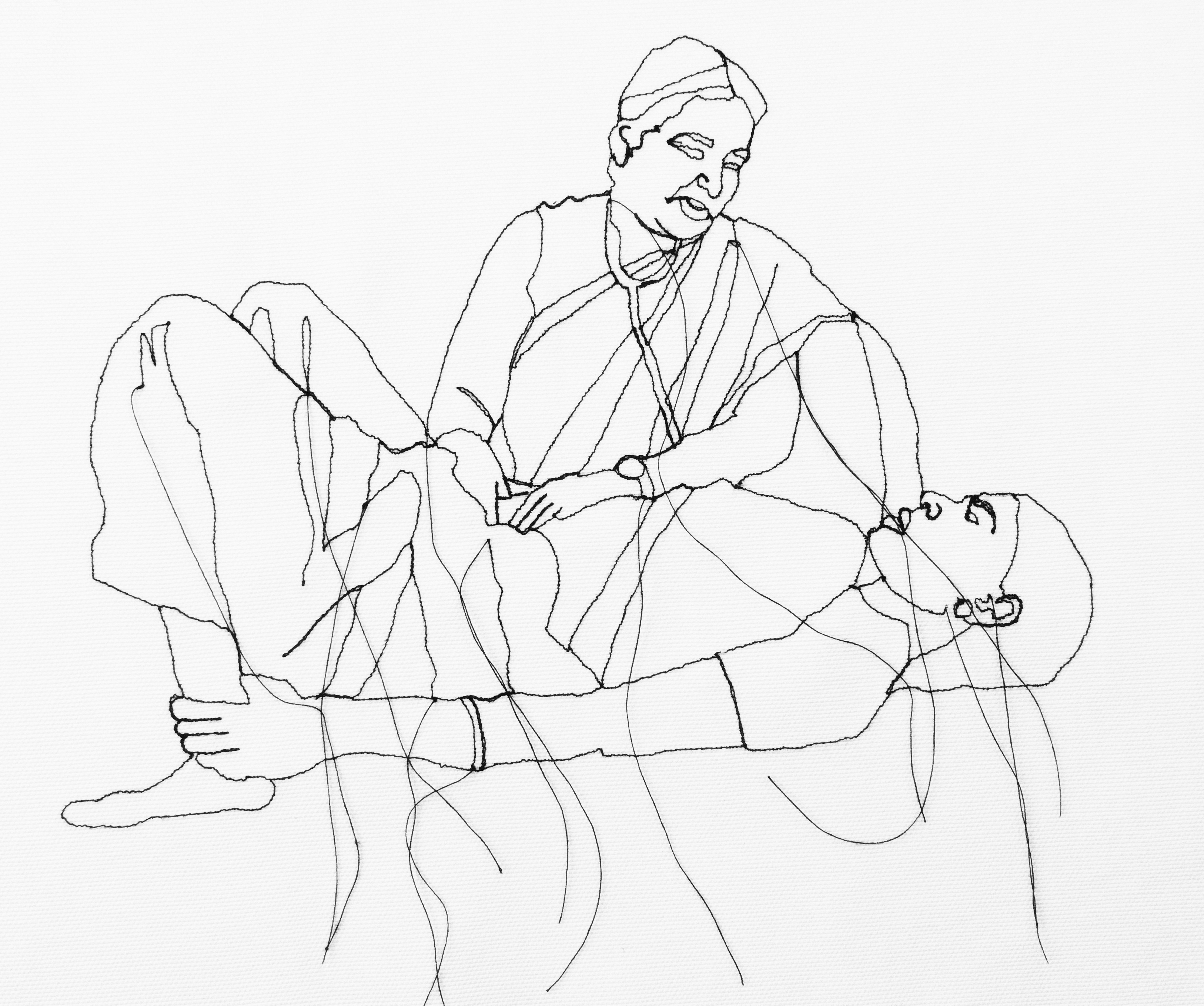 Bir ebenin yatakta yatan hamile bir kadına baktığı bir çizim.