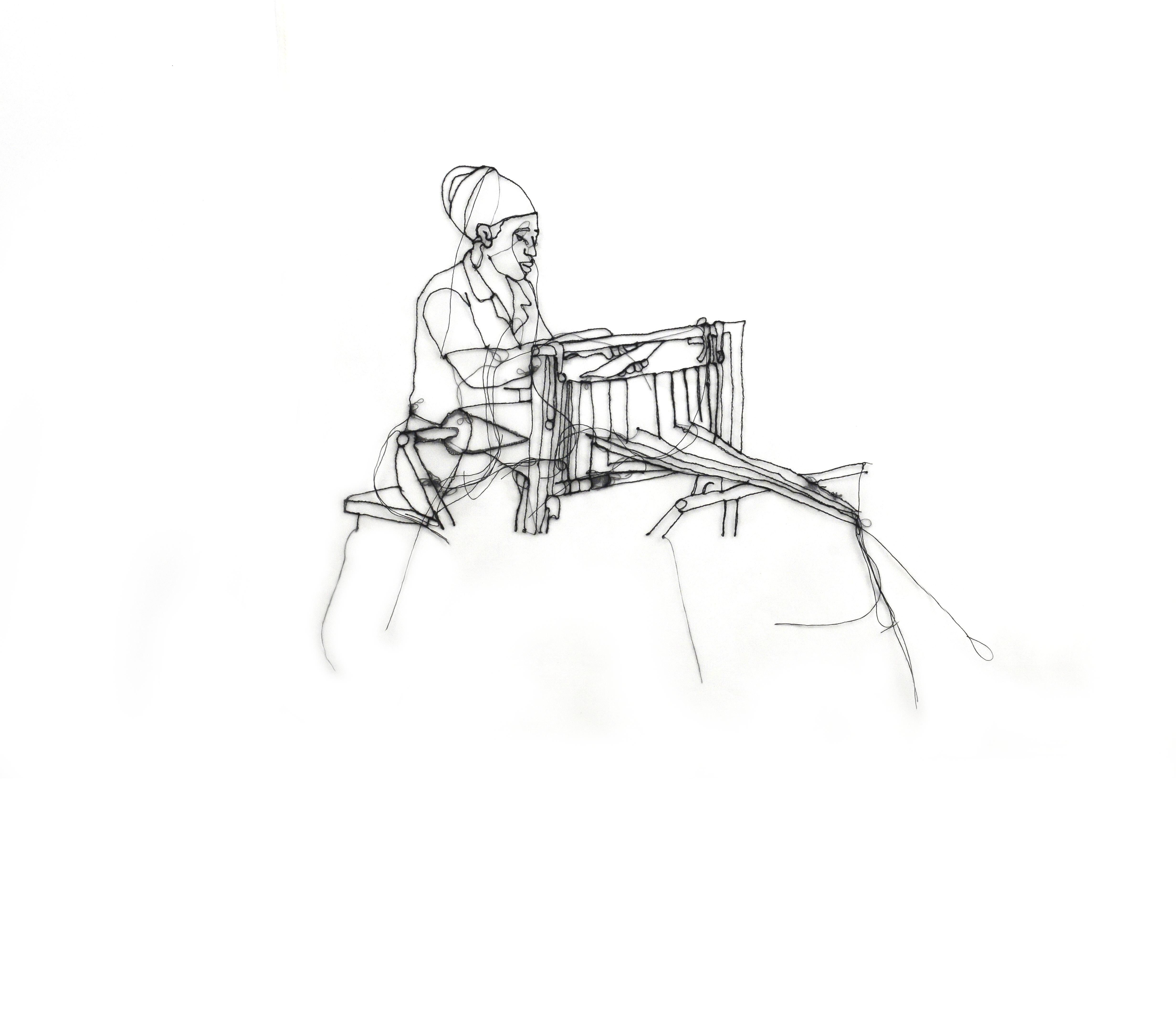 Sketch drawing of a woman seated at a weaving loom. 