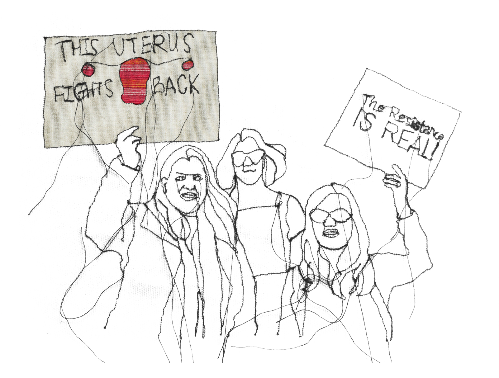 Üreme hakları için protesto pankartları tutan üç kadının çizimi. 