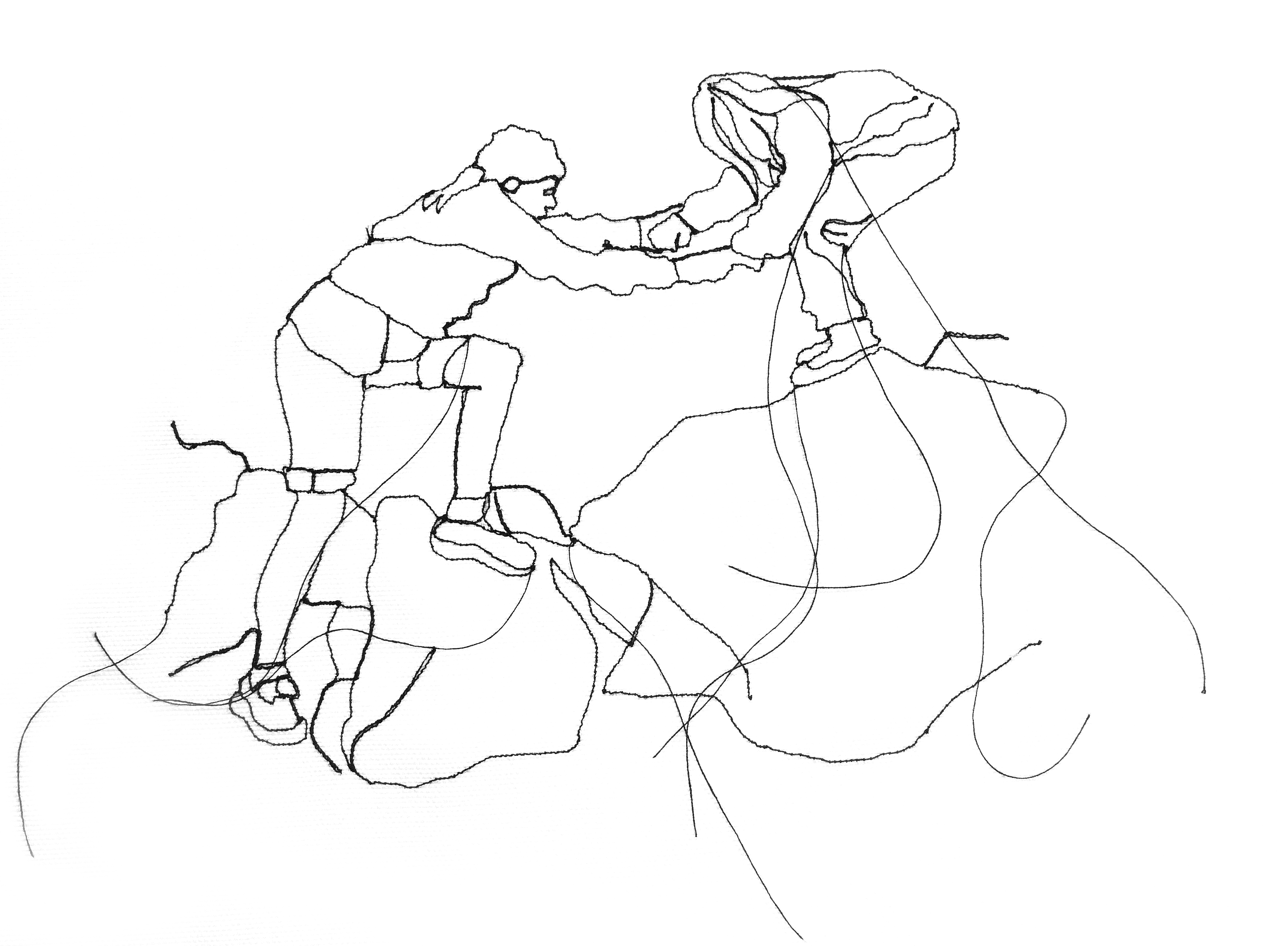 Sketch drawing of one hiker helping another to cross a rocky pass. 