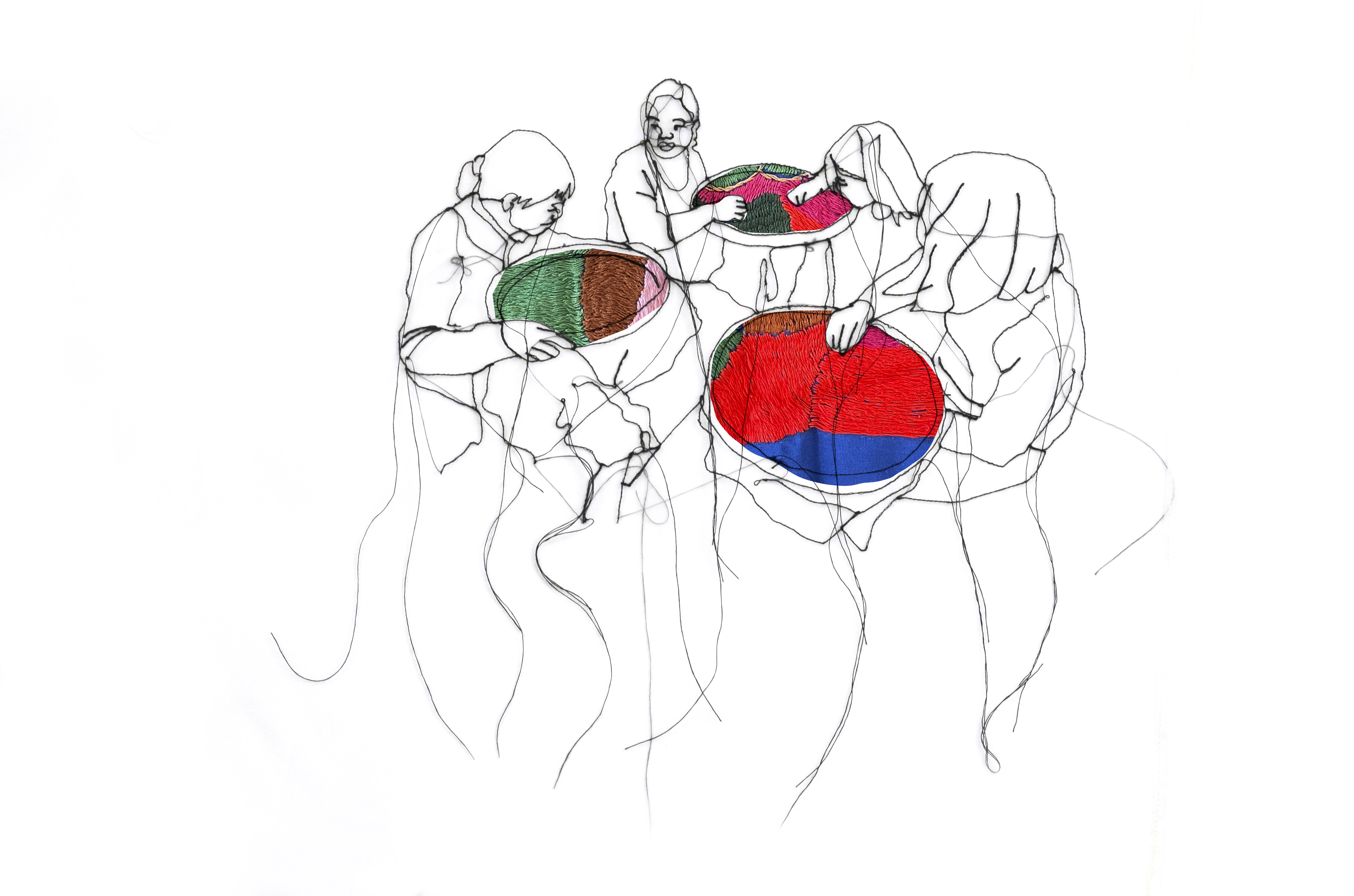 Sketch drawing of four women weaving on round looms. 