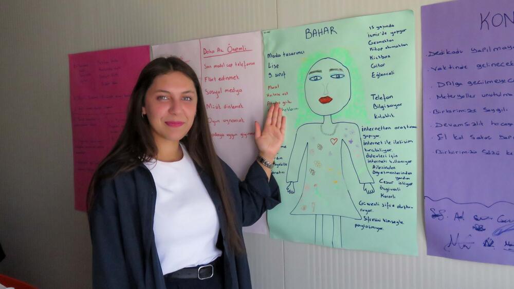 A girl inside a classroom is demonstrating a green poster. The girl drawn on the poster has many texts around her which suggest that she is conscious about children's rights.