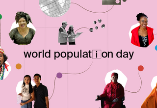 World population day text appears on a pink background with various profiles and geometric forms.