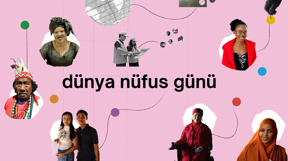 Pembe arka plan üzerine çeşitli profiller ve geometrik formlar ile world population day yazısı görünür.