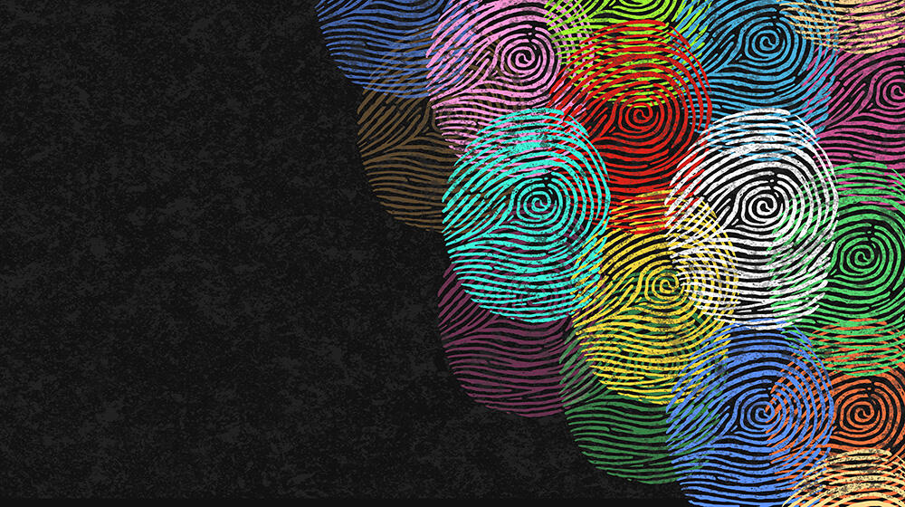 On a black background, many fingerprints in different colors are depicted overlapping each other. 