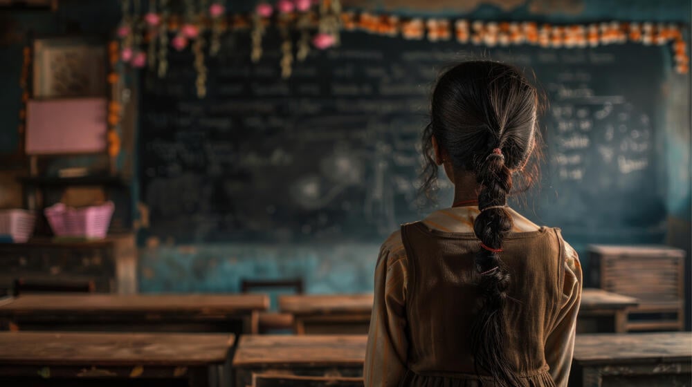 We see a girl with a vest and braided hair from behind, facing the blackboard in the dimly lit classroom environment.