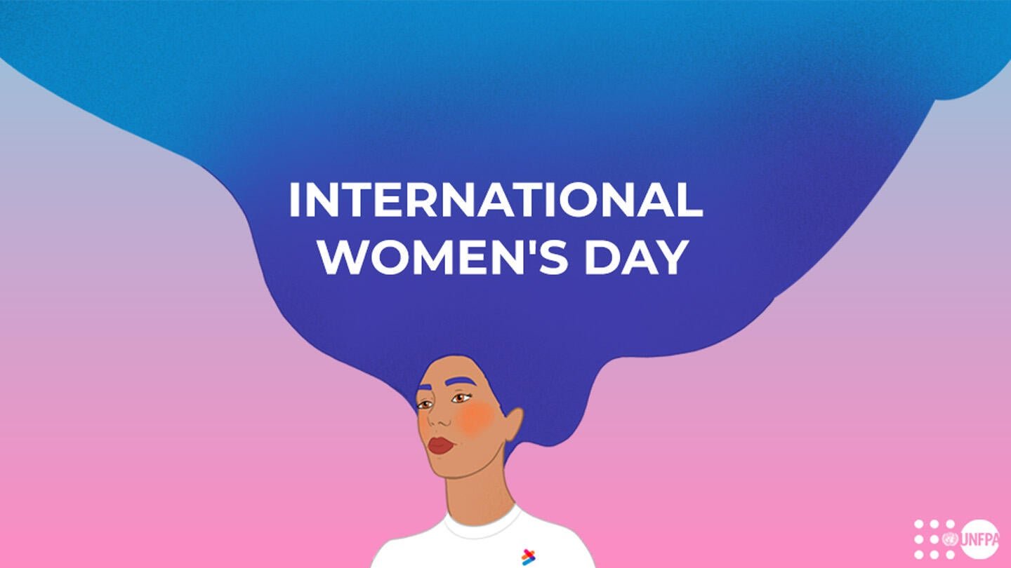 An illustration with magenta background has the depiction of a woman with floating hair that has the following text: International Women's Day 