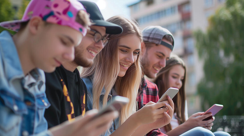 A group of young men and women are seated in a line and they are looking at their phones