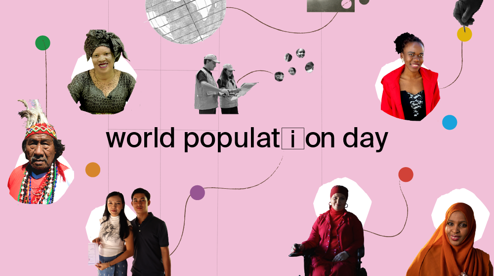 World population day text appears on a pink background with various profiles and geometric forms.