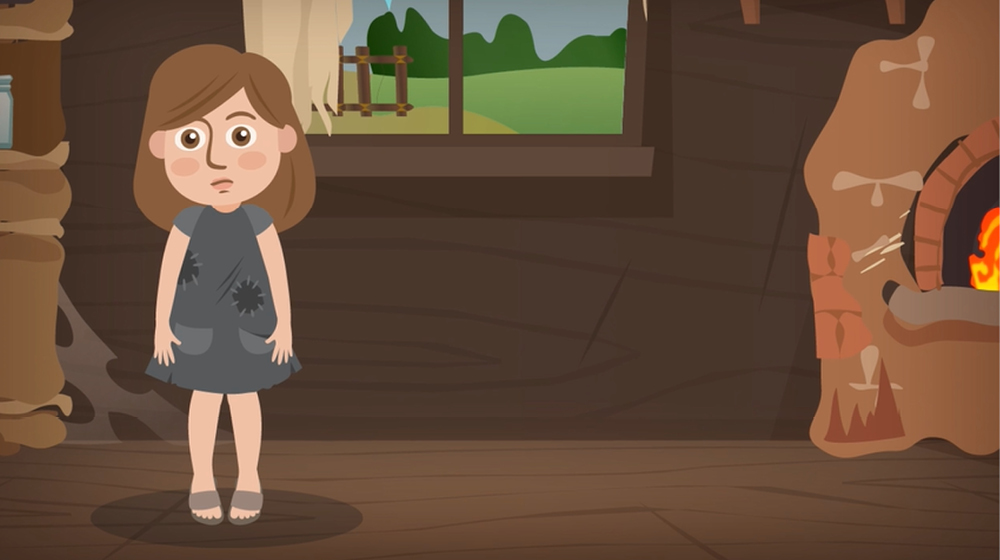 In animation format, we see a girl with worn-out little clothes.